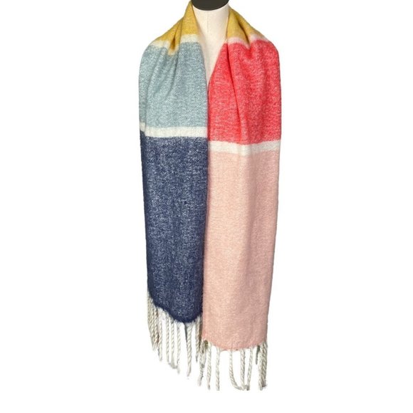 Clolorful Fluffy Scarf With Fringe Pink Yellow White Blue Navy - Picture 1 of 5